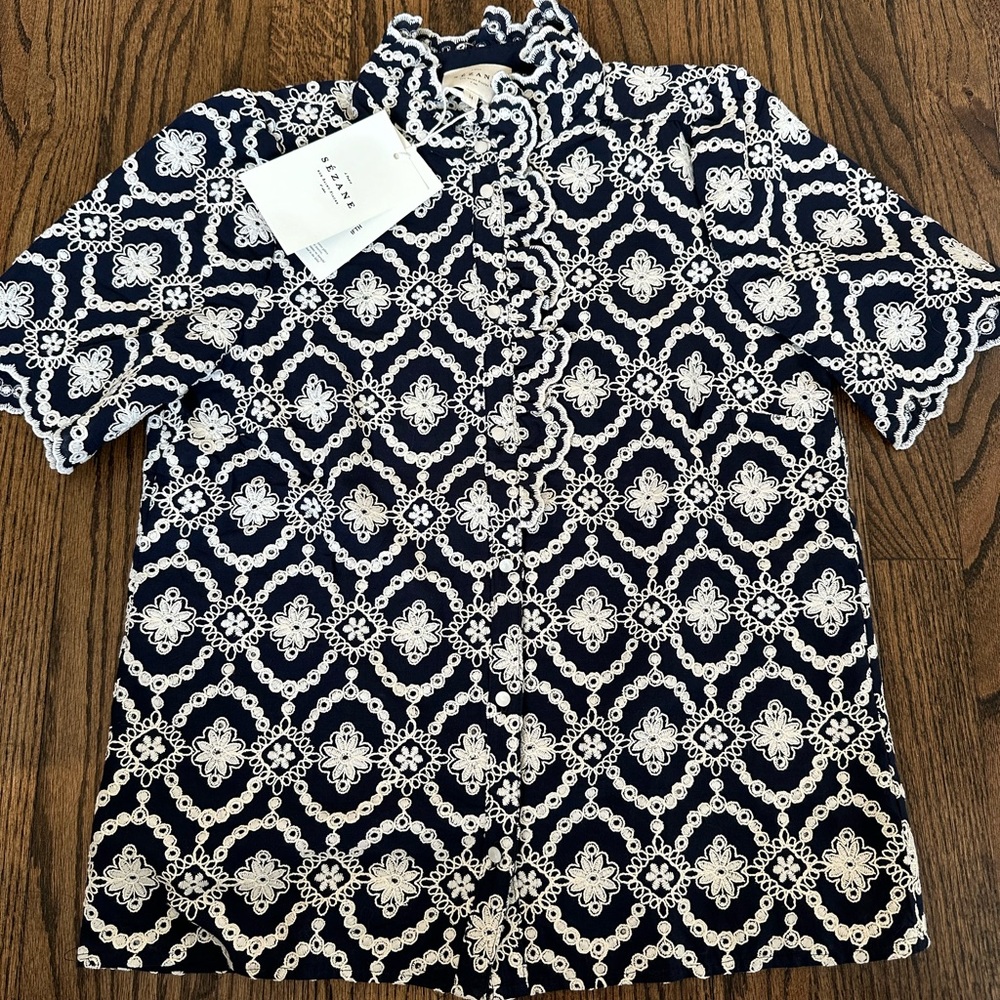 Sézane Dalhia Blouse Marine Ecru Lace Size 34 US 2 NWT